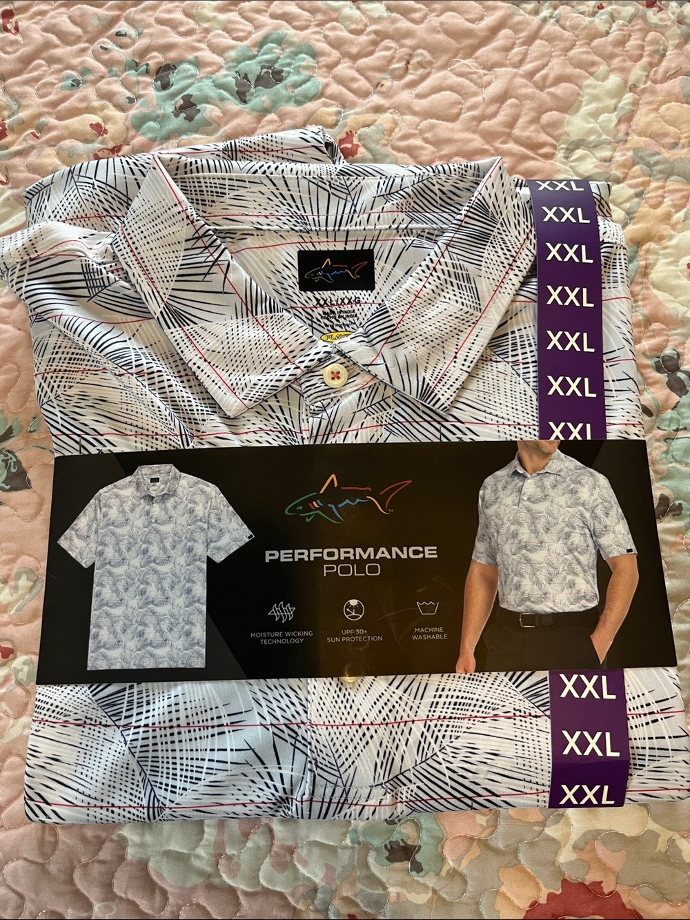 Greg Norman Collection Men’s Performance Polo - White with Black Linear Print